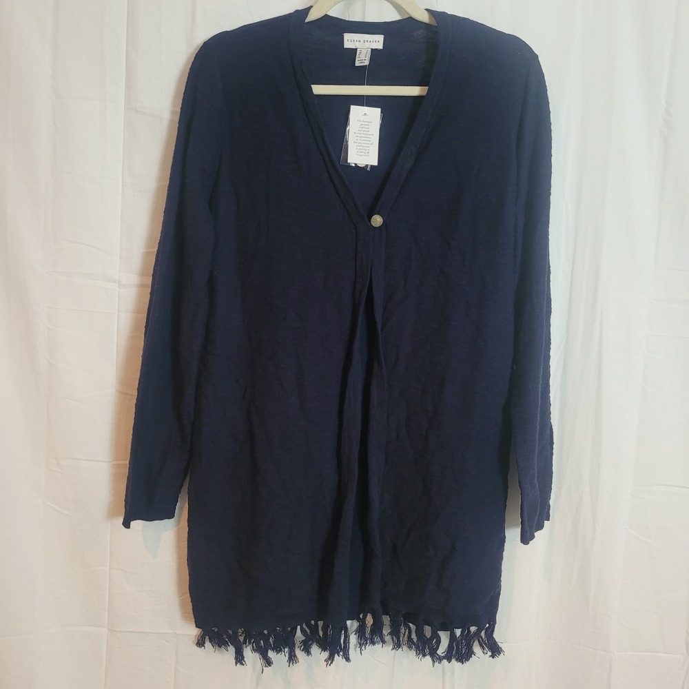 Susan Graver Navy Blue Cotton Fringe Hem Longline Cardigan Sweater Small NEW